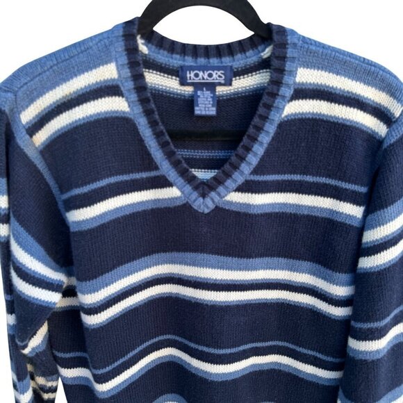 Honors Vintage Mens Striped V-Neck Blue Mens Long Sleeve Knit Grandpa Sweater L - Picture 2 of 9